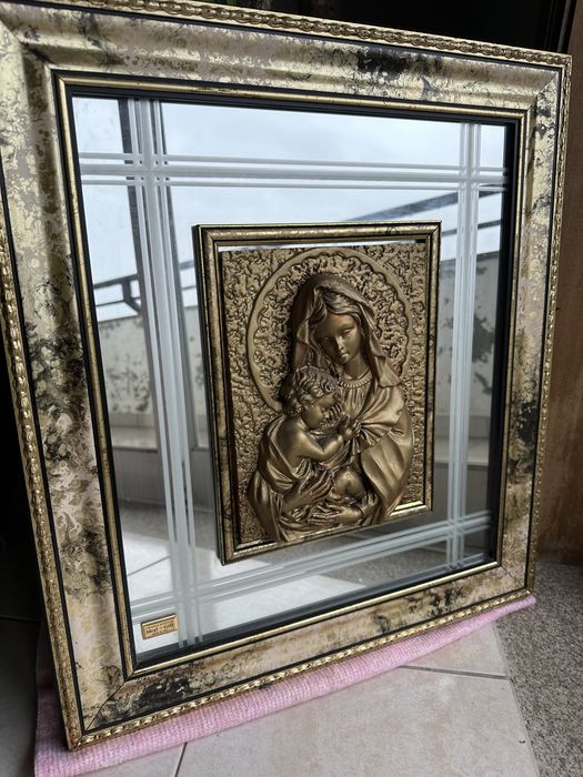 Quadro religioso italiano em relevo - Virgem Maria e Menino