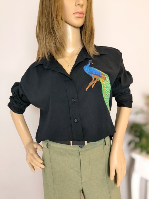 Czarna długa koszula 36 38 haft Puff oversize elegancka świąteczna