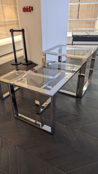 Conjunto 3 Mesas Modulares / Expositores de Loja - Inox e Vidro Transparente