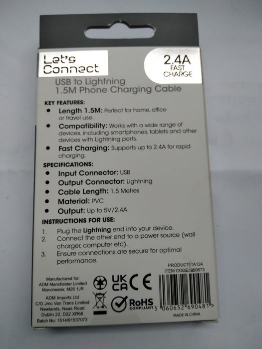 Cabo 1.5m novo para carregadores iPhone iPad iPod USB 2.4
