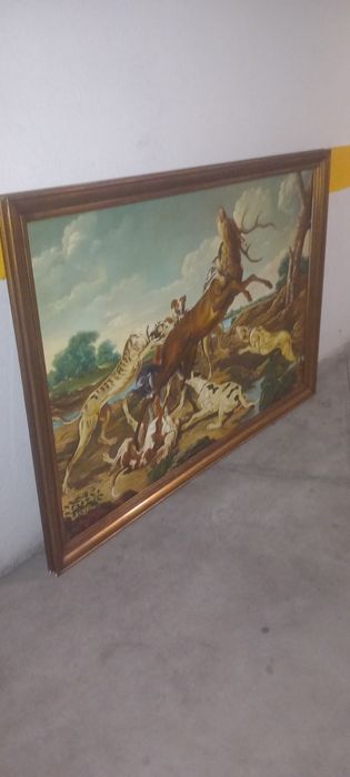 Grande Quadro Antigo a Óleo Sobre Tela – Cena de Caça com Moldura Dourada
