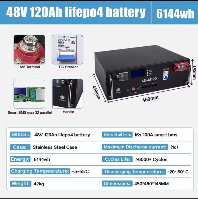 Акумулятор LiFePo4 Lidpm 48В 120Аг 6 кВт.