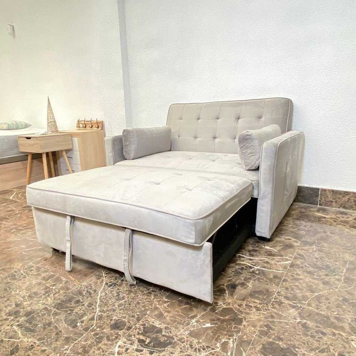 Sofá-cama em veludo cinza com portes grátis