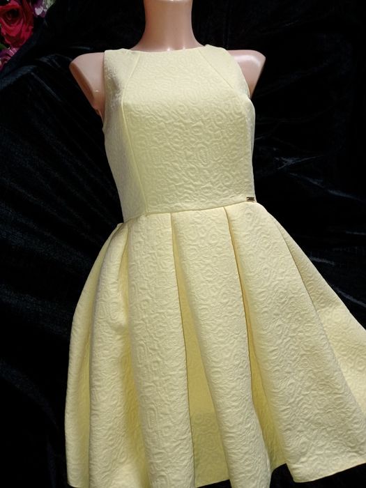 Sukienka  wizytowa rozkloszowana wesele komunia  damska cytrynowa XS