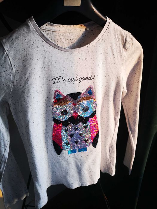 C&A szara bluzka z długim rękawem cekiny sowa r.158/164 cm 13-14 lat