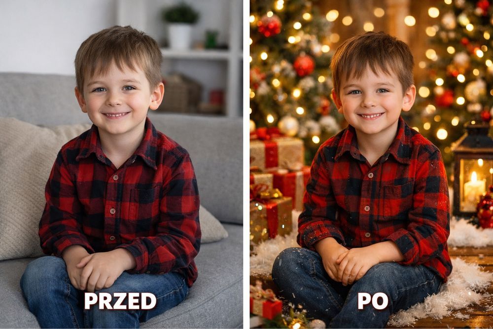 Świąteczne zdjęcie dziecka bez sesji | przeróbka zdjęć | tło świąteczn