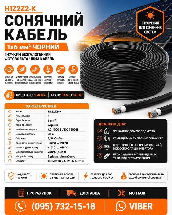 Кабель для сонячних панелей H1Z2Z2-K 1х6мм чорний