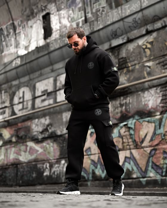 чоловічий спортивний костюм на флісі чорний/Комплект худі штани зима