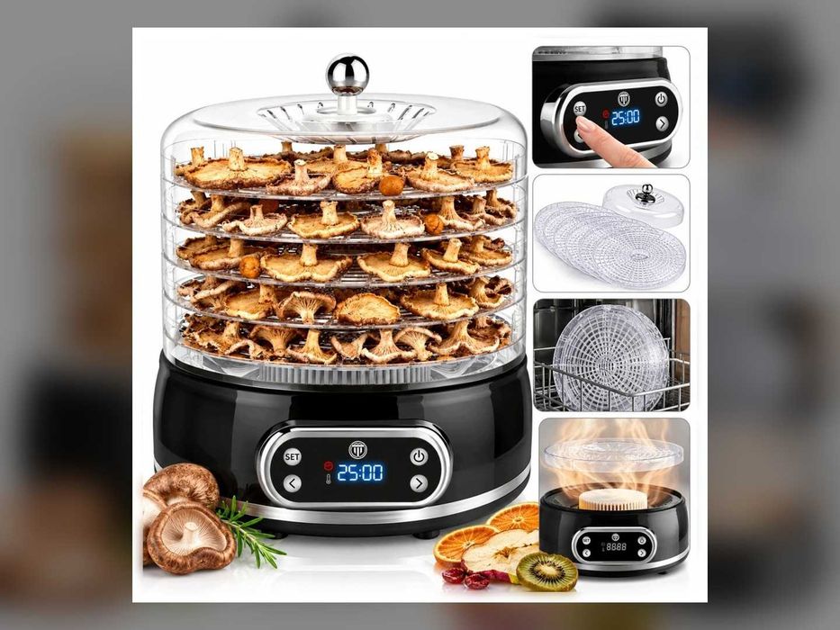 nowe suszarka do grzybów owoców warzyw ziół spożywcza 500 w 5 sit timer 35-70°c regulacja wysokości zabezpieczenie przed przegrzaniem 28 cm wysyłka