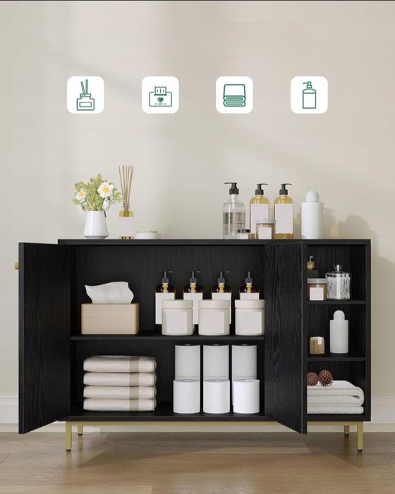 Szafka stojąca komoda kredens 100cm Pojemna GLAMOUR Czarna złote nóżki