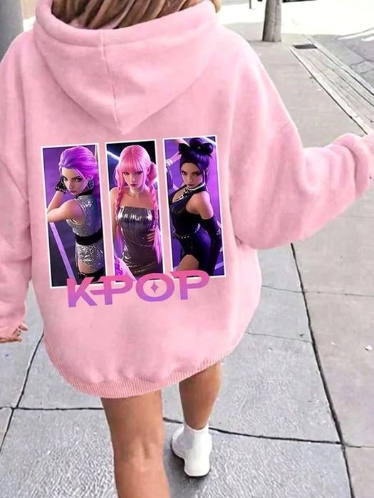 Bluza dziewczęca oversize z kapturem ocieplana różowa print SHEIN 128