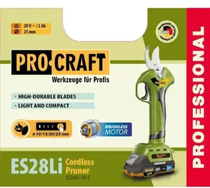 Секатор ножници аккумуляторный Procraft ES28Li с АКБ и зарядное. 25 мм