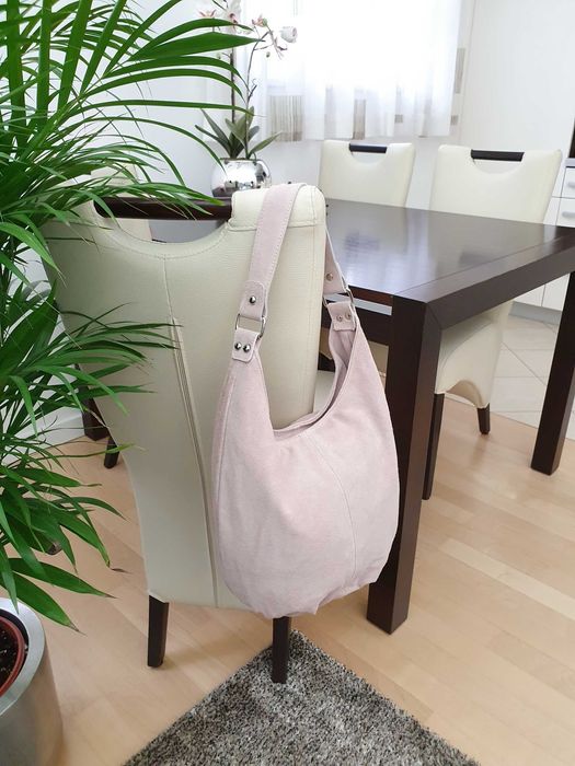 VERA PELLE torebka skórzana zamszowa worek na ramię V058 j.różowa