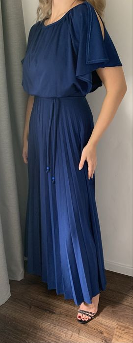 Kobaltowa sukienka maxi plisowana M 38 L 40