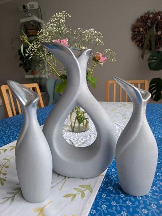 Komplet 3 designerskich wazonów ceramicznych srebrno-szarych