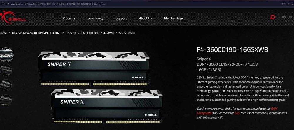 Memoria Ram G.Skill SniperX DDR4-3600 Kit 2x8GB 16GB