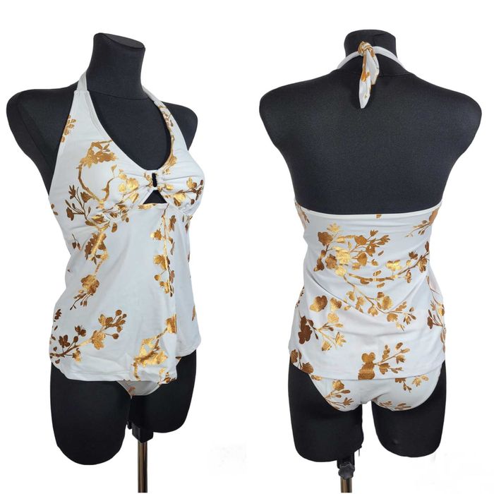 Nowy biały strój kostium kąpielowy bikini 36,S tankini złoty nadruk
