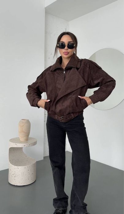 Жіноча замшева куртка демісезонна чорна/шоколад весна-осінь S–L