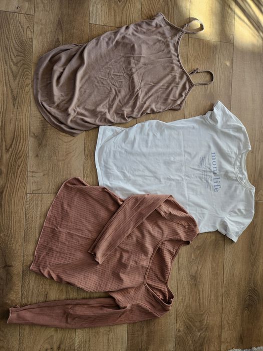 Zestaw ubrań ciążowych, Legginsy, jeansy, bluzki, rozm. M-L