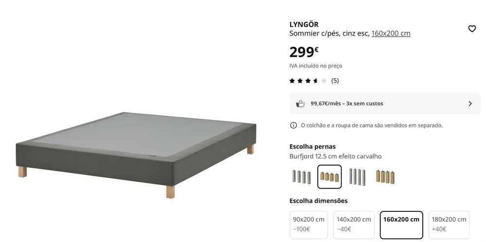 Sommier IKEA ESPEVÄR c/pés 160x200 cm
