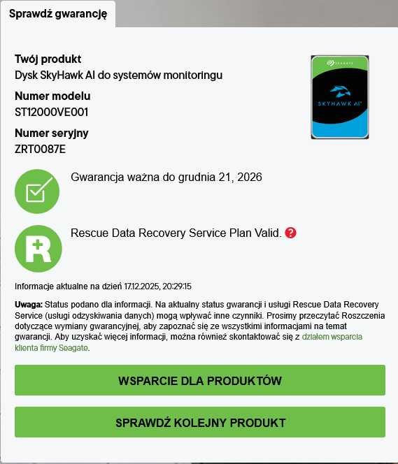 GWARANCJA HDD 12TB SEAGATE SkyHawk AI ST12000VE001 dysk do monitoringu