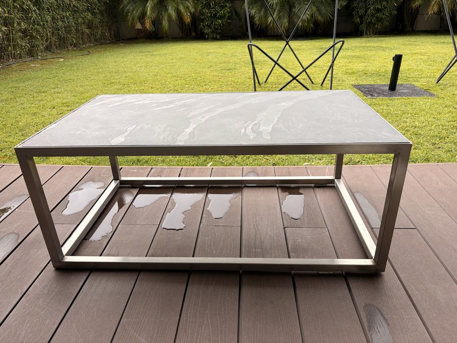 Mesa centro de exterior (jardim) ou interior inox e pedra natural