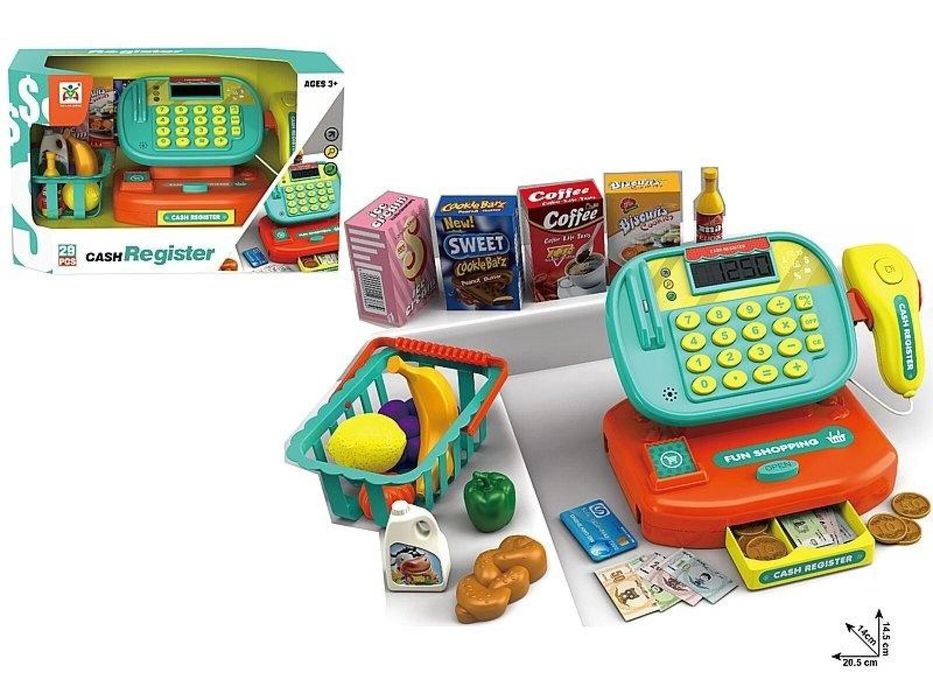 Kasa sklepowa na baterie z akcesoriami światło. pudełko,