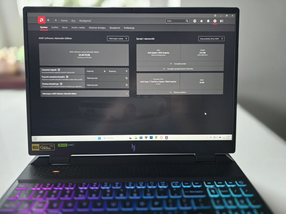 Laptop ACER Nitro 16 AN16-41-R5LX 16" IPS 165Hz R7-7840HS 16GB RAM 1TB