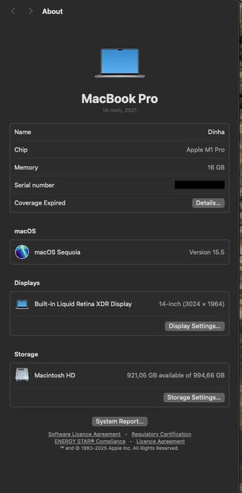 Macbook Pro 14 M1 16GB 1TB