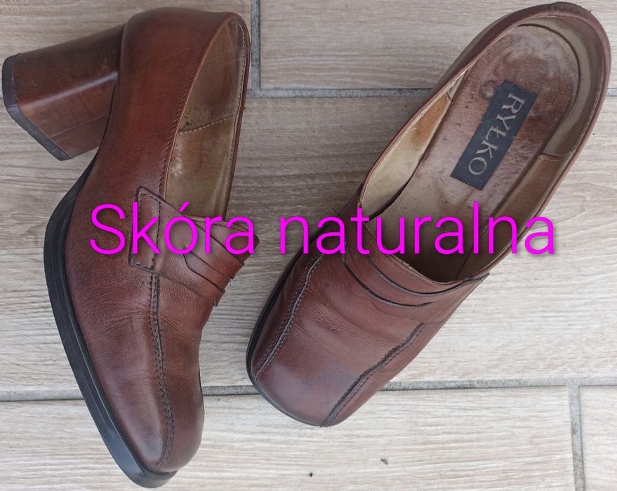 Buty Ryłko skóra moda PRL na słupku vintage wygodne