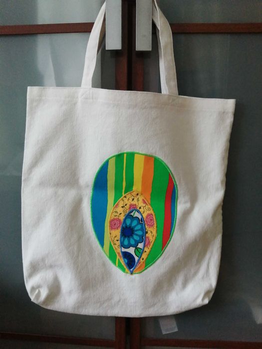 Torba ekologiczna hand made, łowickie paski, shopperka, pawie oko