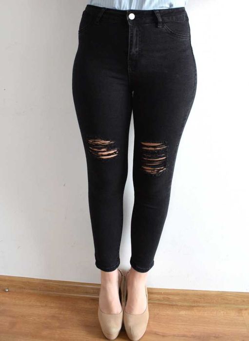 Shein skinny rurki wysoki stan czarne z dziurami spodnie 38 m