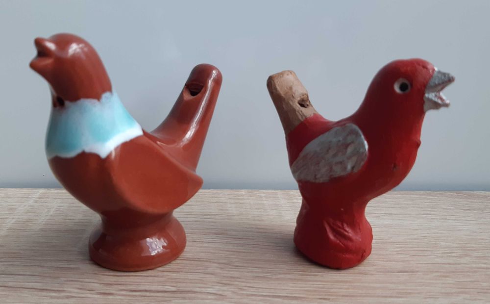 Gliniany ptaszek, gwizdek,  pamiątka PRL, 2 szt.