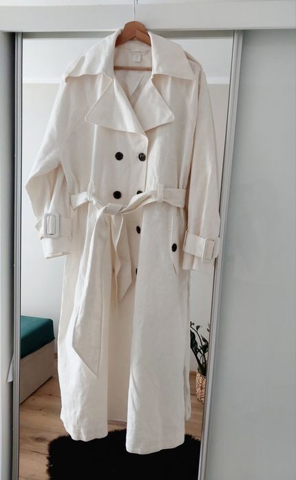 Trencz H&M oversizowy kremowy bawełna True Hemp (konopie) ponadczasowy