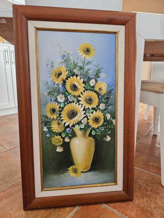 Quadro Óleo sobre Tela Assinado – Vaso de Girassóis (75x45 cm)