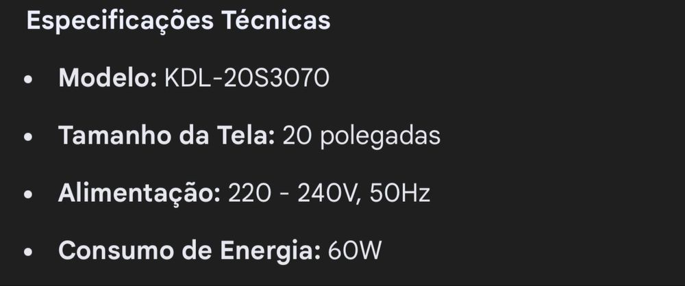 Tv sony bravia 20 polegadas