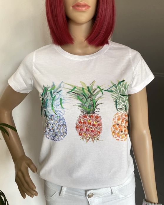 T-shirt biały z nadrukiem ananasów, 100% bawełna, rozmiar S