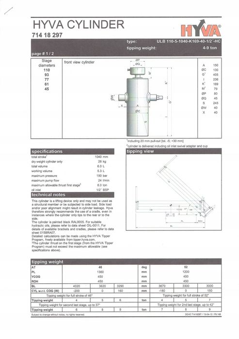 NISKI siłownik wywrotu HYVA tłok cylinder wysuw 104cm max8t cenabrutto