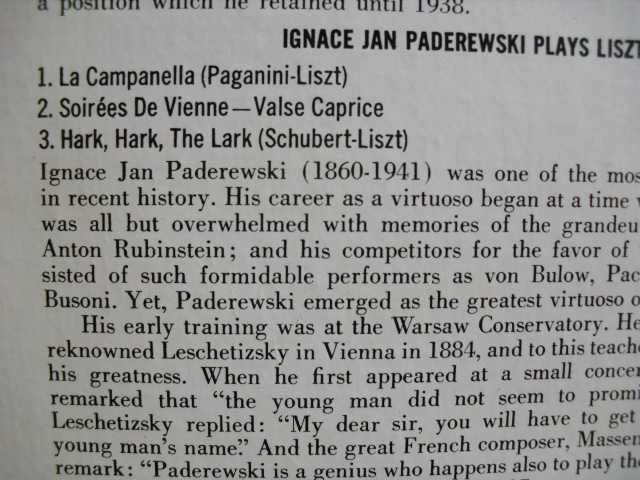 Ignacy Jan Paderewski - Józef Hofmann - Liszt - płyta winylowa
