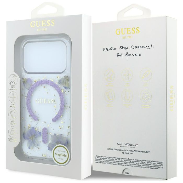 Etui Guess Resin Flowers Glitter MagSafe do iPhone 18 Pro / 17 Pro fioletowy