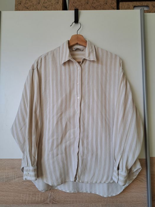 Stradivarius oversize koszula w paski beżowa kremowa L też M S wiosna