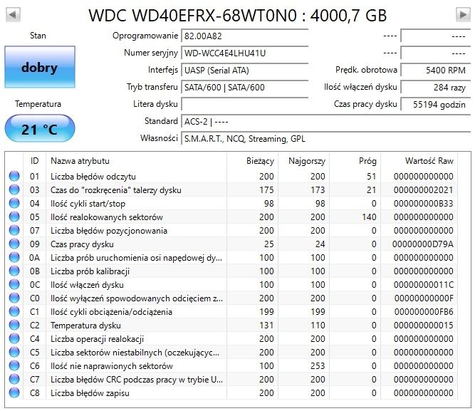 Dysk NAS WD RED 4TB WD40EFRX SATA 3 3,5 sprawne technicznie szybki