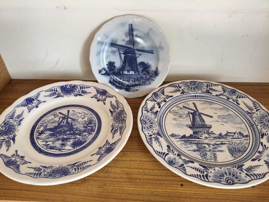 Zestaw Delft Blue styl | 3 talerze dekoracyjne i kubek | Wiatraki vintage