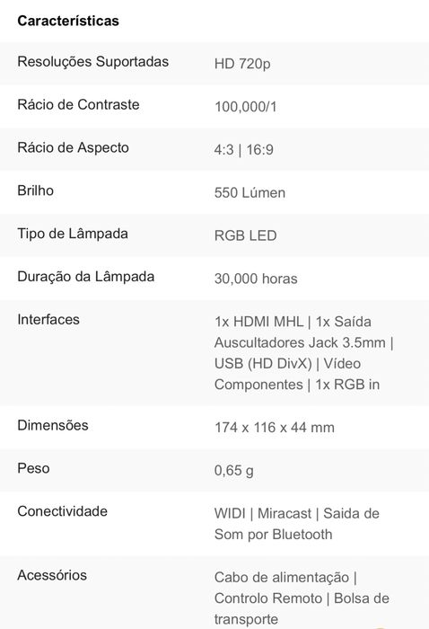 Video projetor portátil com bateria lg