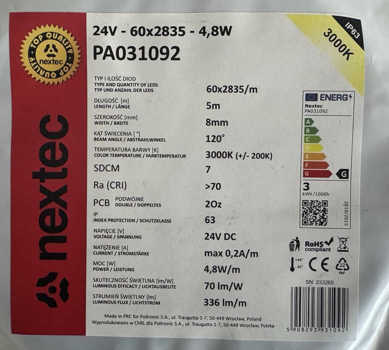 Taśma led 24 v  Nextec 3000K