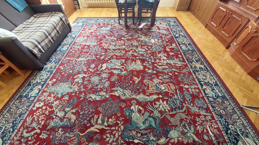 Piękny, oryginalny wełniany dywan 300 x 400 cm. Motyw polowanie! Cudo!