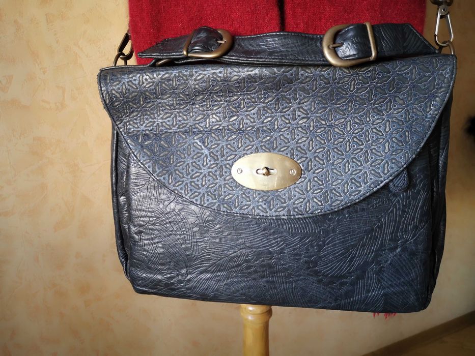 Шкіряна жіноча сумка портфель Etui синьо сірого кольору