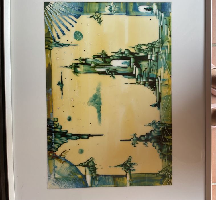 Quadro pintura acrilica com moldura em aluminio, mede 53cm de comprimento e 41 cm altura