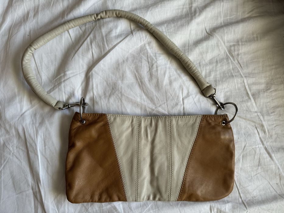 Mała skórzana beżowa torebka na ramię własnoręcznie robiona Handmade