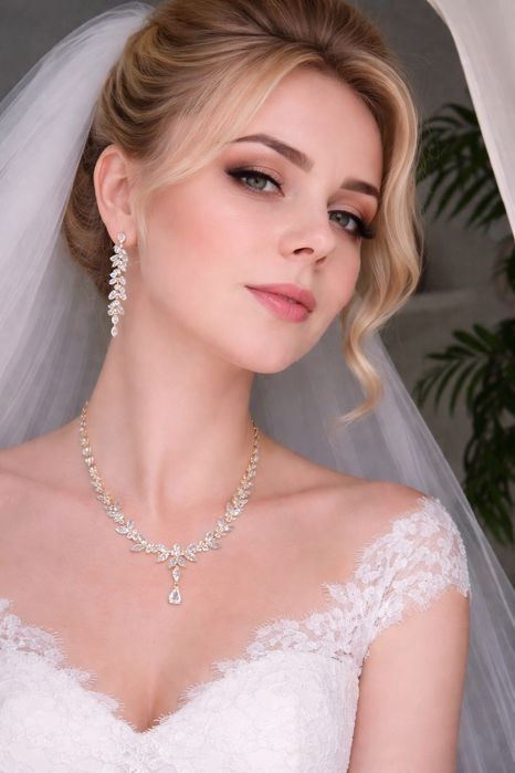 Komplet długie złote kolczyki ślubne naszyjnik bransoletka